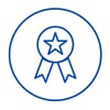 dark blue circle icon with a ribbon in the center