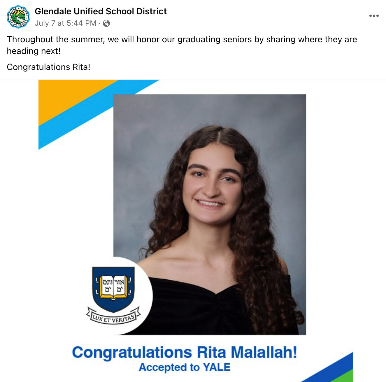 glendale unified sharing on their facebook a graduate headed to yale