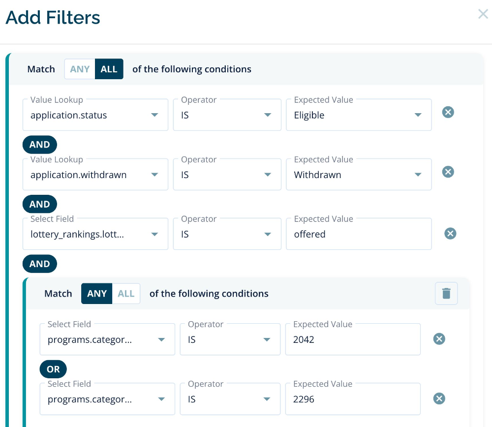 nested filters in schoolmint enroll reporting