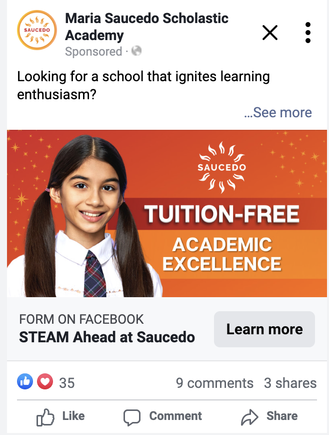 school social media ad example for maria saucedo scholastic academy 1
