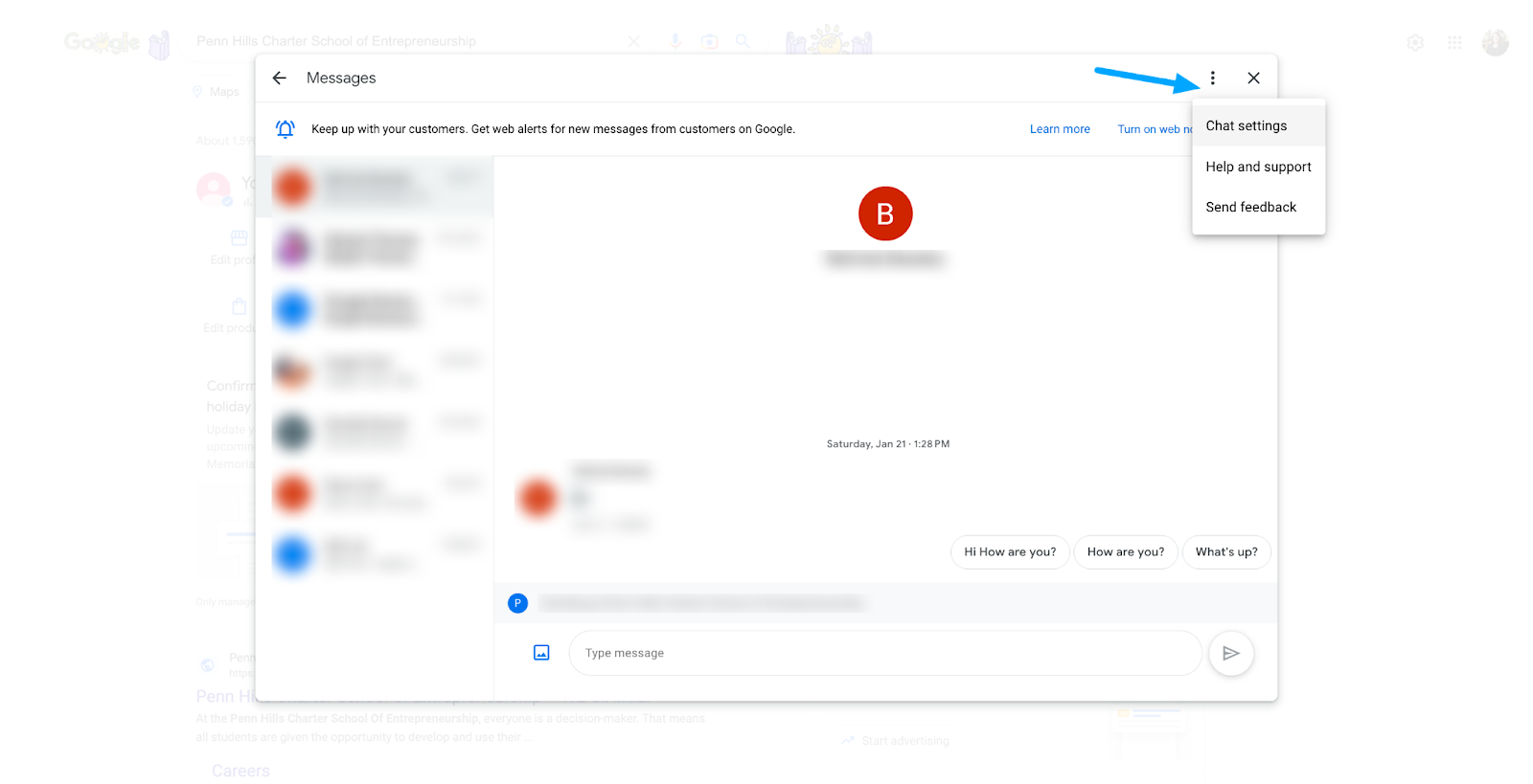 chat settings button for your school GBP