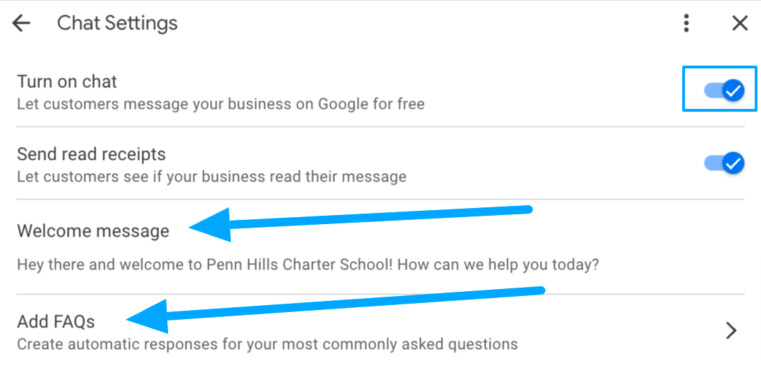 turning on a welcome message and creating an faq for your school